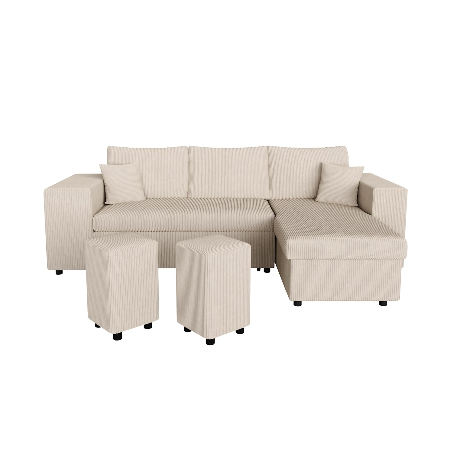 LOUNGITUDE Canapé d'angle Mady Convertible avec Coffre, 2 poufs et étagère en Velours côtelé