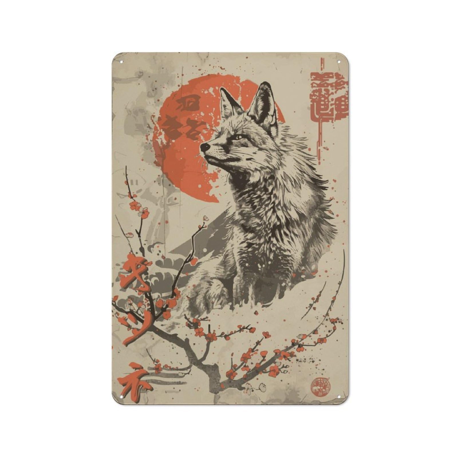Junmoney Vintage Japanese Fox Retro Metal Gift Sign 30X20cm, Home Wall Decor For Flat, Dorm Room, Lounge Or Cafe