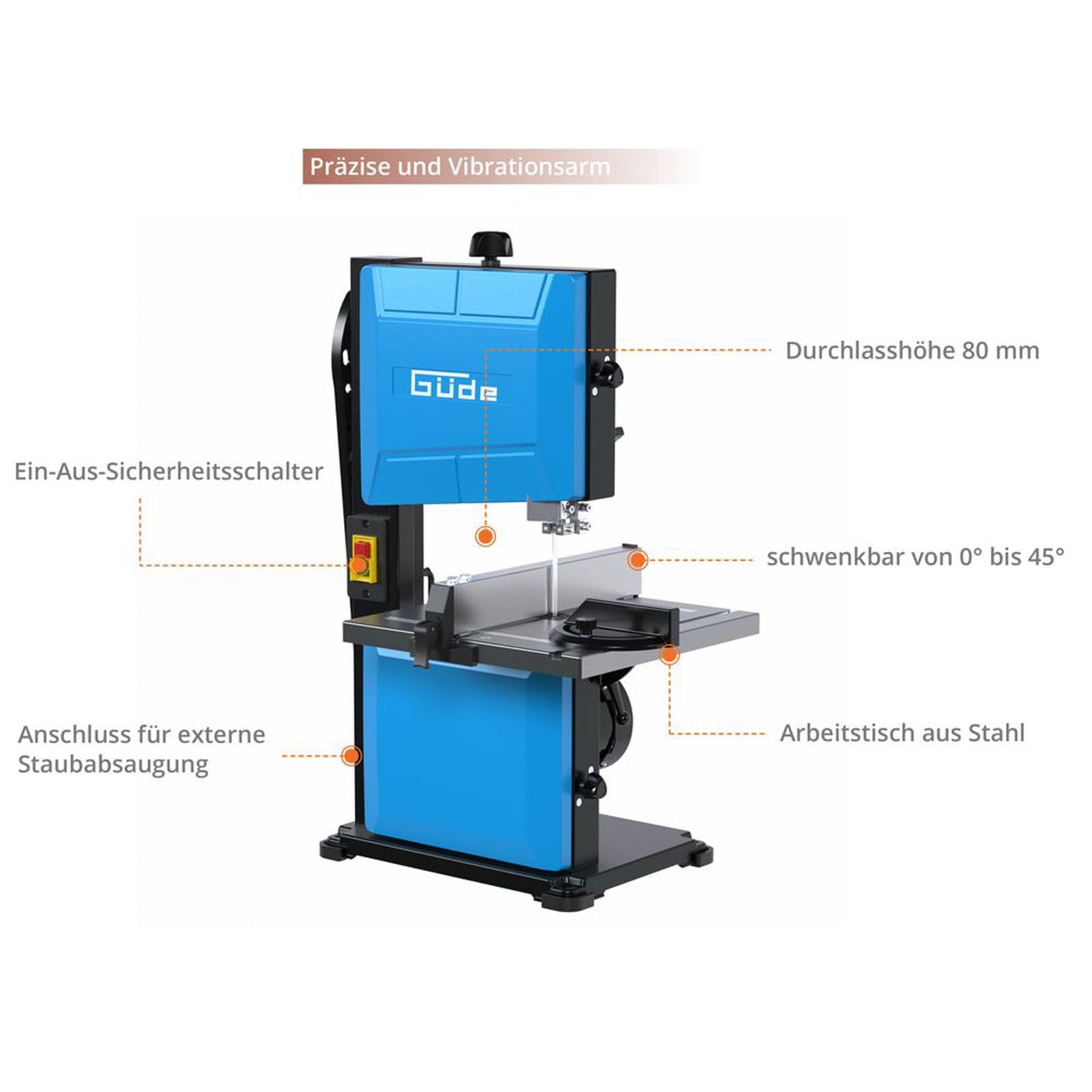 Güde GBS 200S Bandsäge - 230 Volt, 350 Watt, 1500 Umdrehungen pro Minute, 900 Meter pro Minute Bandgeschwindigkeit, Schnittleistung 50 bis 80 Millimeter je nach Winkel, Schnittlänge 200 Millimeter