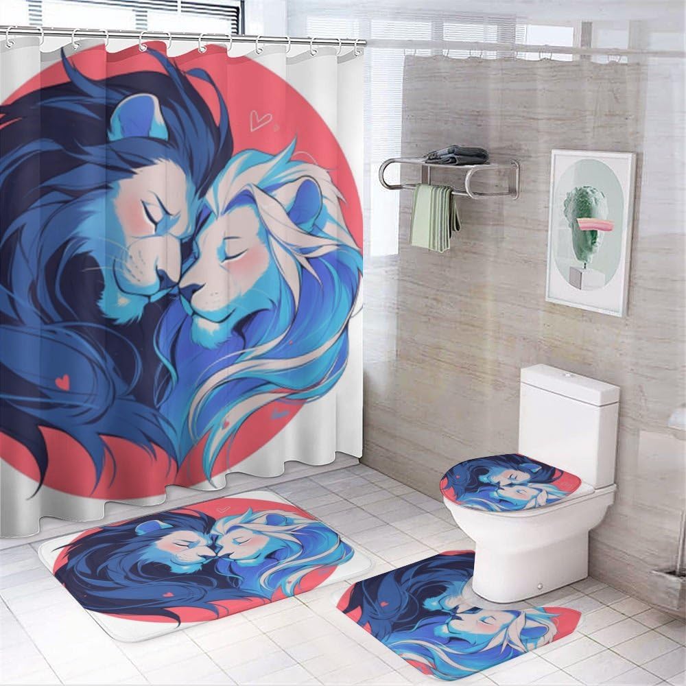 Rideau de douche lion fleurs polyester 180x180 pour tapis de bain antidérapant