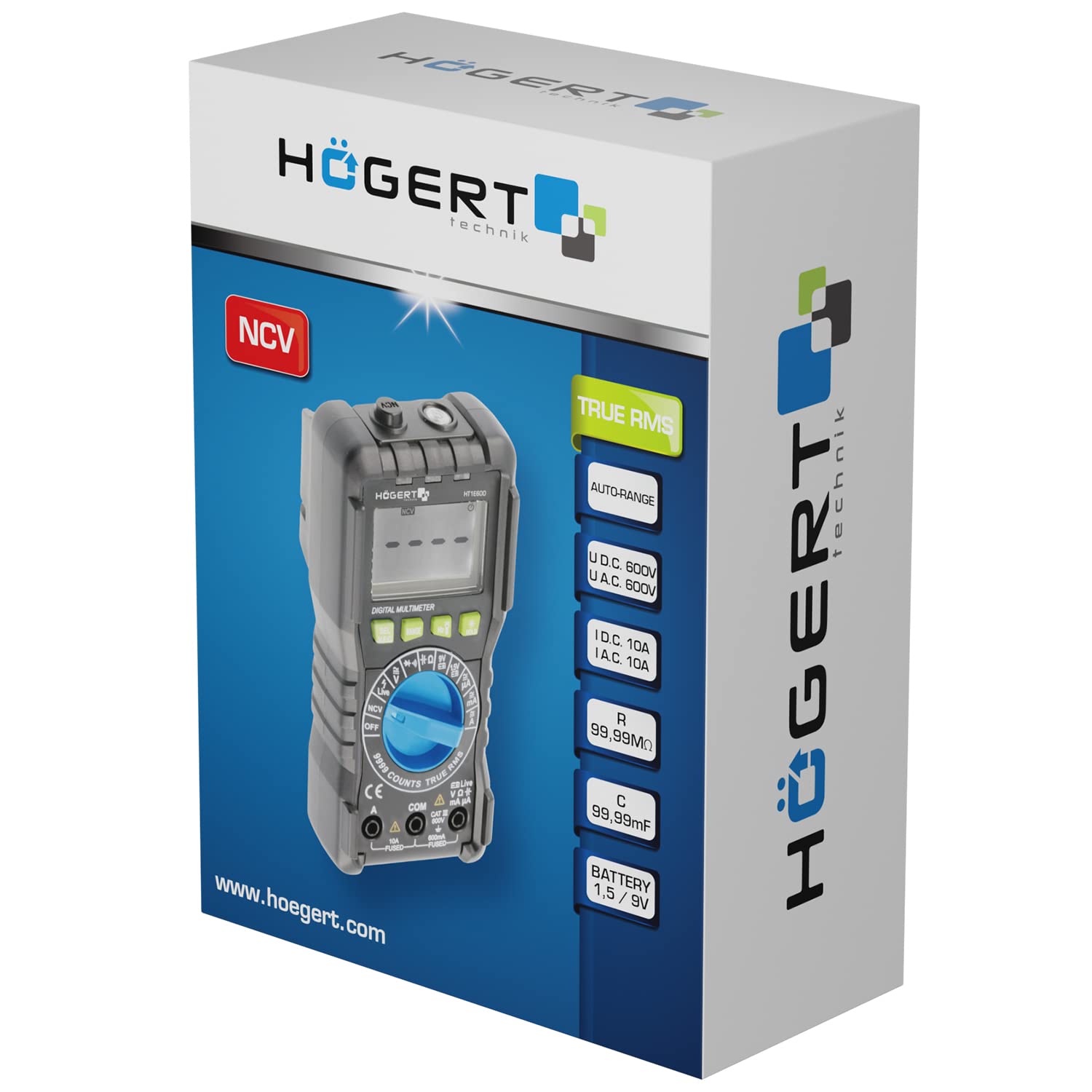 HÖGERT TECHNIK - Multimetro digitale con TRUE RMS, NCV, VFC, selezione manuale/automatica, display LCD, rilevamento di fase, per elettrici, auto e officina