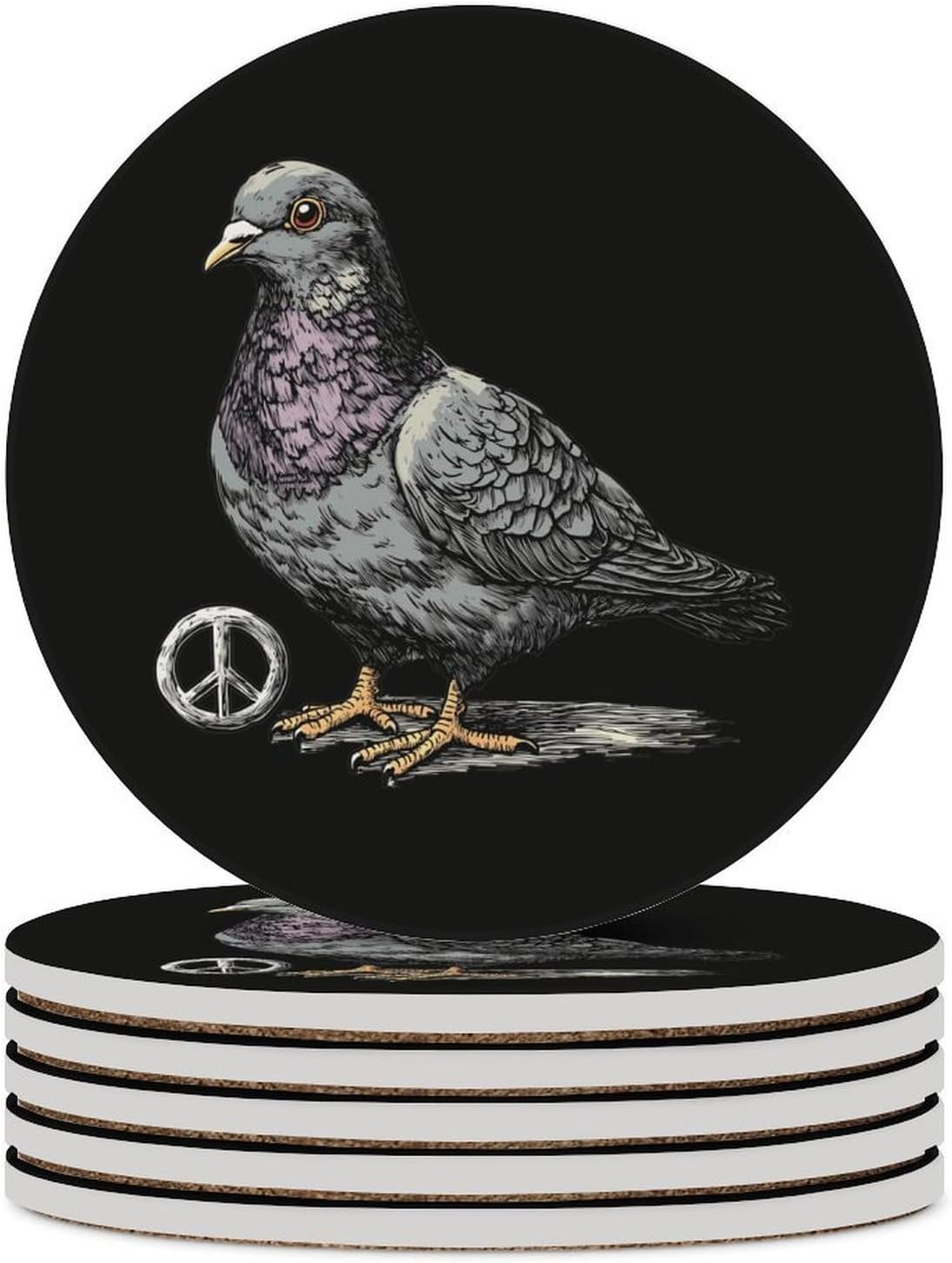 Pigeon Peace Sign Coasters for Drink Round Ceramic Coaster with Cork Base Home Decorative 6PCS