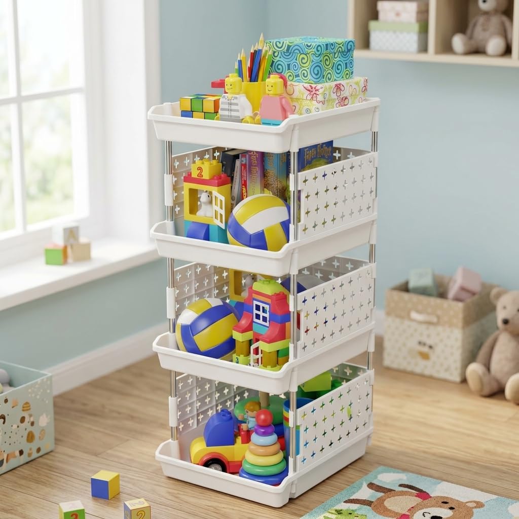 JD Fresh 4 Tier Plastic Storage Drawer Organizer/Stackable Modular Storage Rack for Clothes/Breathable Design Kitchen Organizer/Multipurpose Shelves Storage for Office, kids room and Pantry (White)