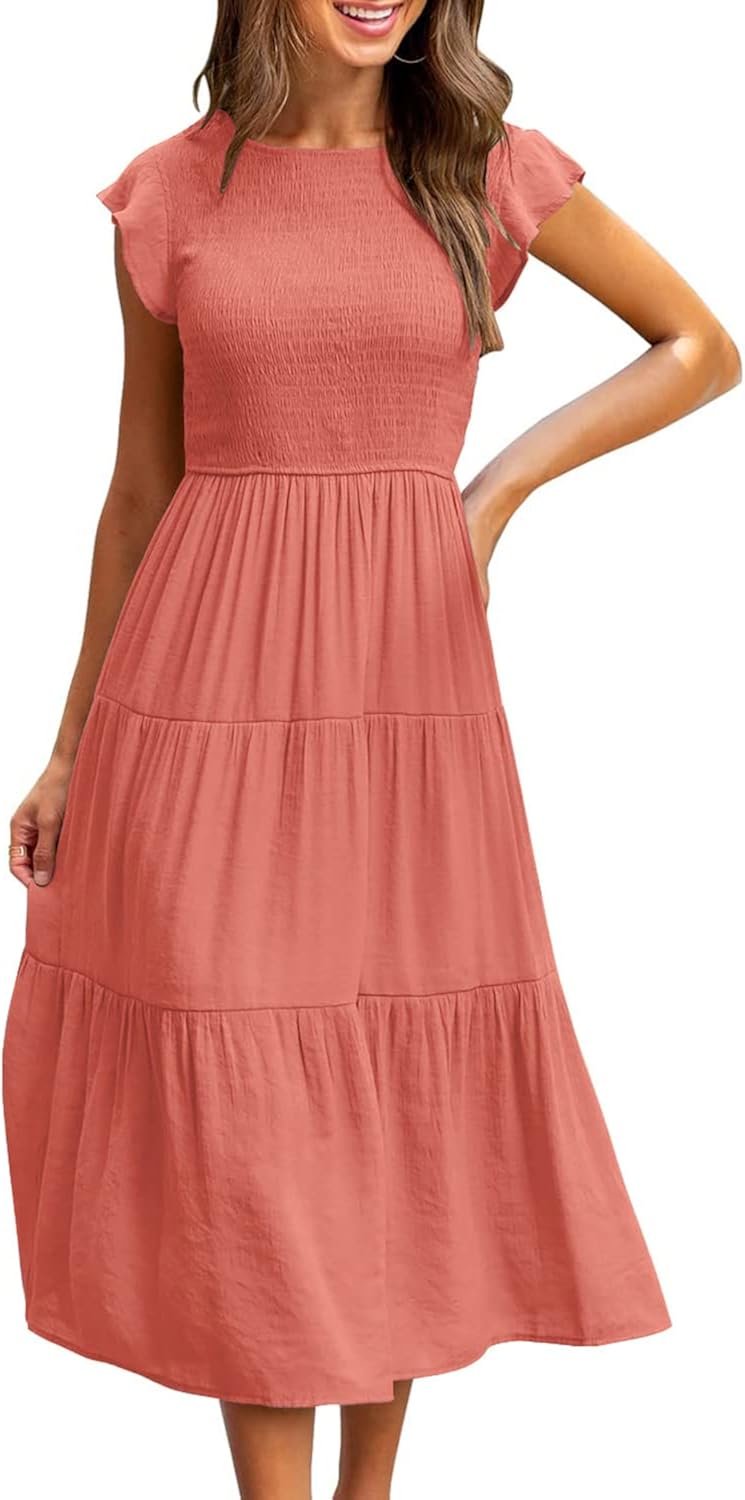 Yanekop Women Ruffle Cap Sleeves Midi Dress Smocked Tiered Boho Beach Dress Flowy Pleated Dress Small 04 Burnt Orange