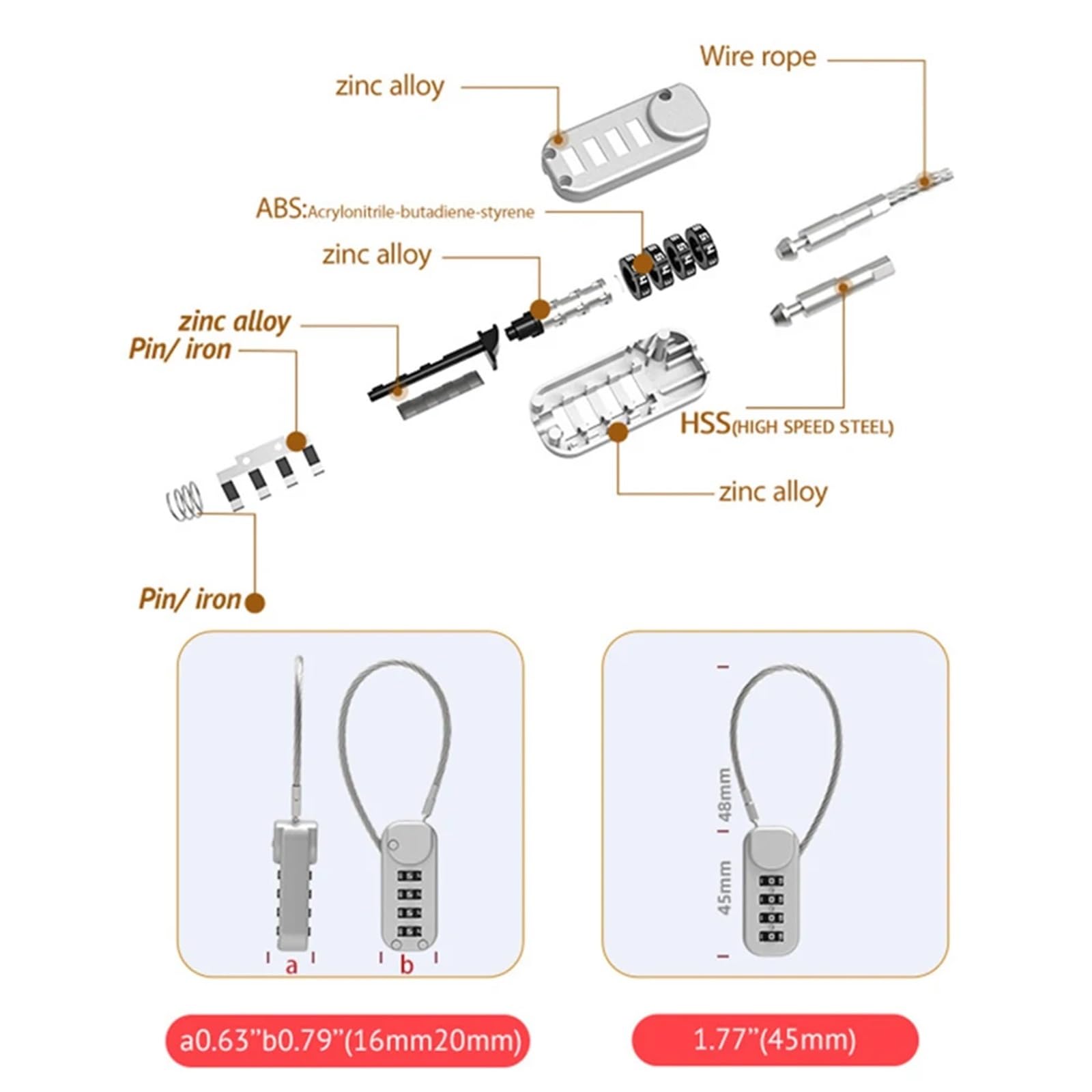 TQSKA Lucchetto con combinazione a 4 cifre e cavo metallico a molla for valigie, zaini, valigie, cassetti e valigie(A3)