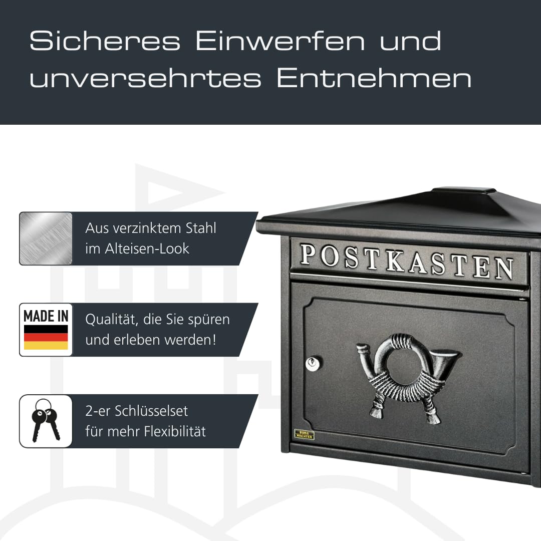 BURG-WÄCHTER Klassischer Briefkasten ohne Zeitungsfach und Namensschild, Verzinkter Stahl, Einwurf-Format DIN C4, 2 Schlüssel, Sylt 1883 E, Alteisen