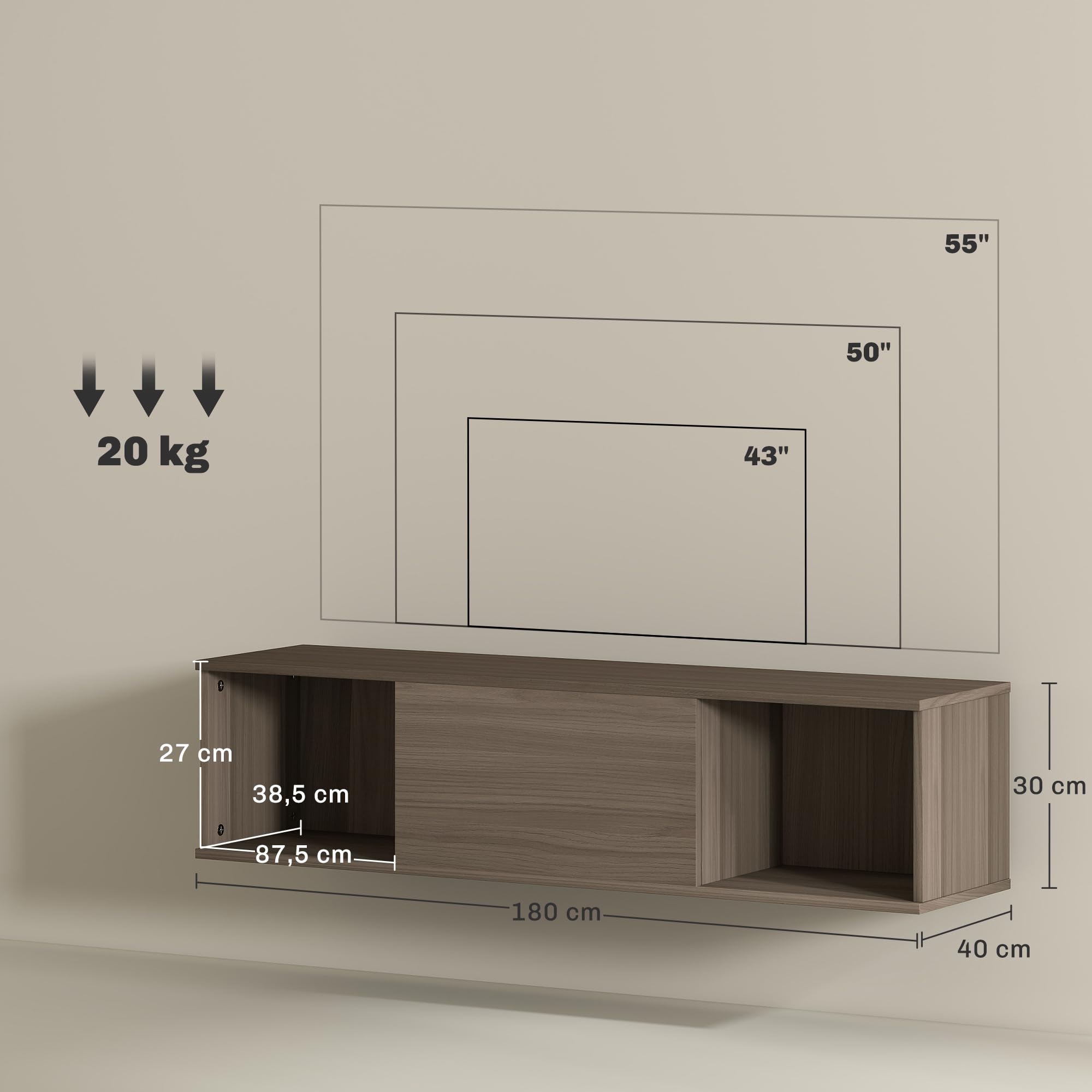 HOMCOM Mobile per TV sospeso 120 cm, armadio da parete, mobile pensile, stile moderno, con 2 scomparti aperti e porta pieghevole, colore: marrone