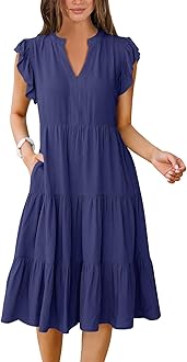 Womens Summer Dress Ruffle Sleeve V Neck Midi Dresses Fashion Casual Fit Flowy Tiered Boho Beach Vacation Sundress
