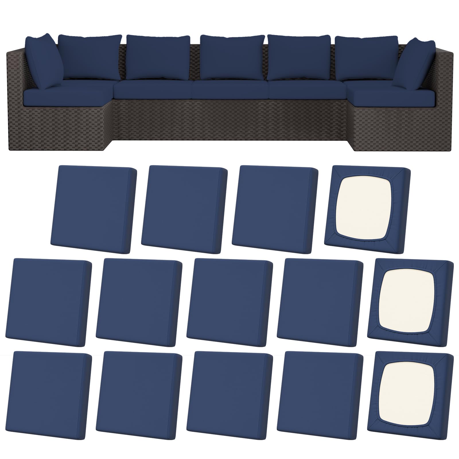 Photo 1 of Vorshape 14Pcs Patio Stretch Cushion Covers, Outdoor Couch & Sofa Replacement Slipcovers for Patio Furniture Cushion Covers, Washable Reusable Furniture Protector, Square Large, Navy Blue