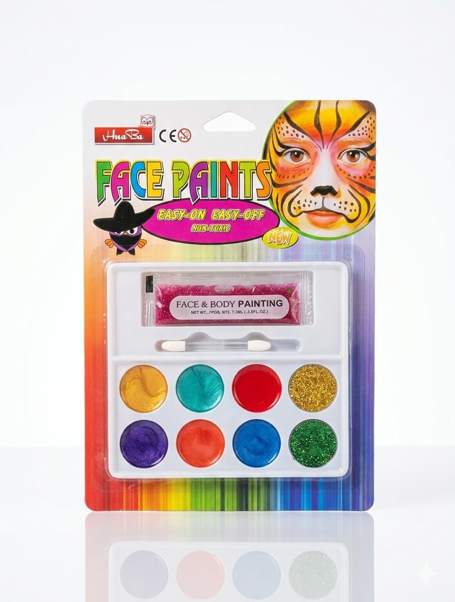 ARTISTERY Sparkly Face Paint Kit for Kids - 8 Vibrant Glitter Colors - Non-Toxic, Skin-Safe & Washable - Professional Quality Makeup for Birthdays, Halloween, Festivals, and Dress-Up Play-image-14