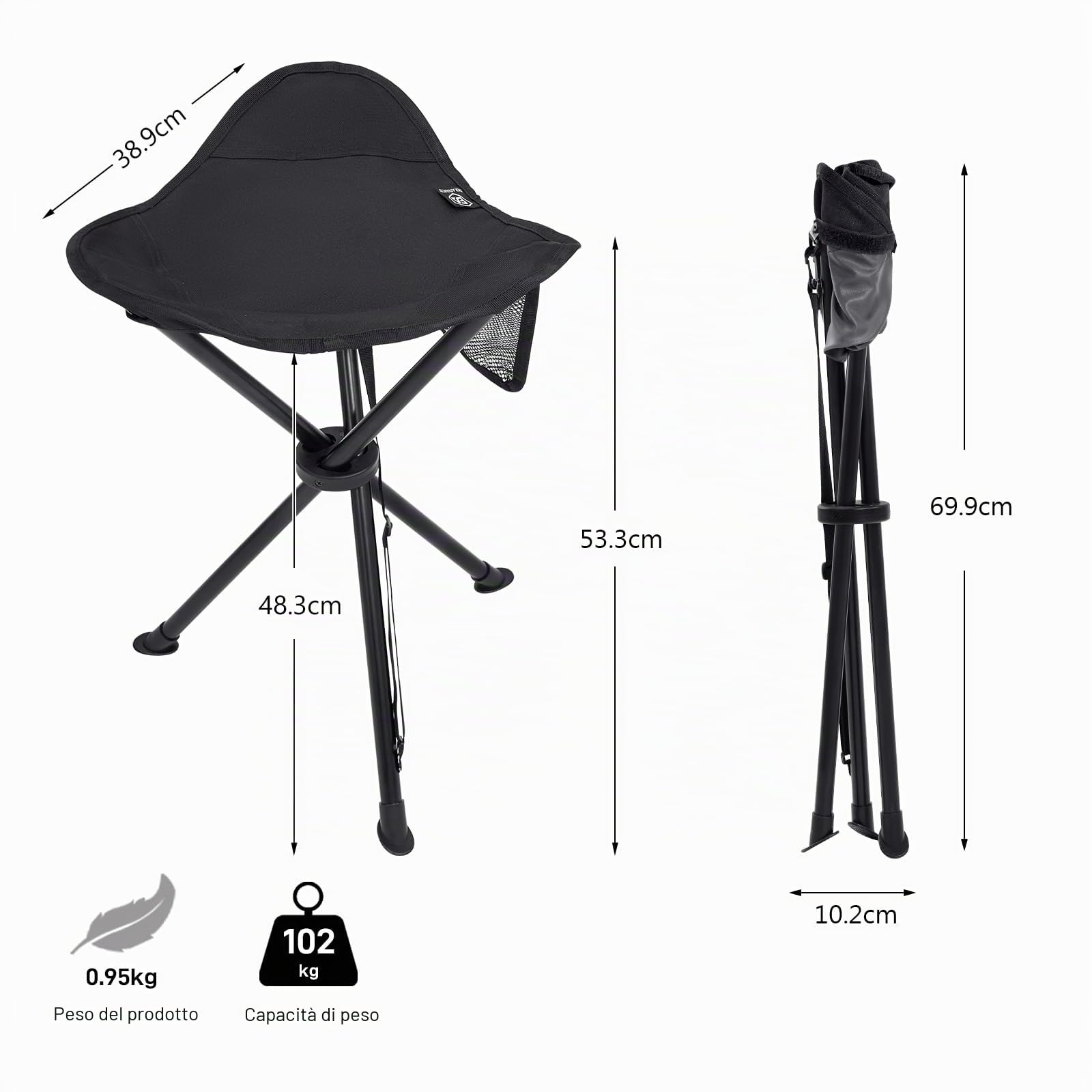 EVER ADVANCED Sgabello pieghevole da campeggio ultraleggero, 53,3cm altezza, 102 kg carico con tasca laterale, per campeggio, caccia, escursionismo, pesca, nero