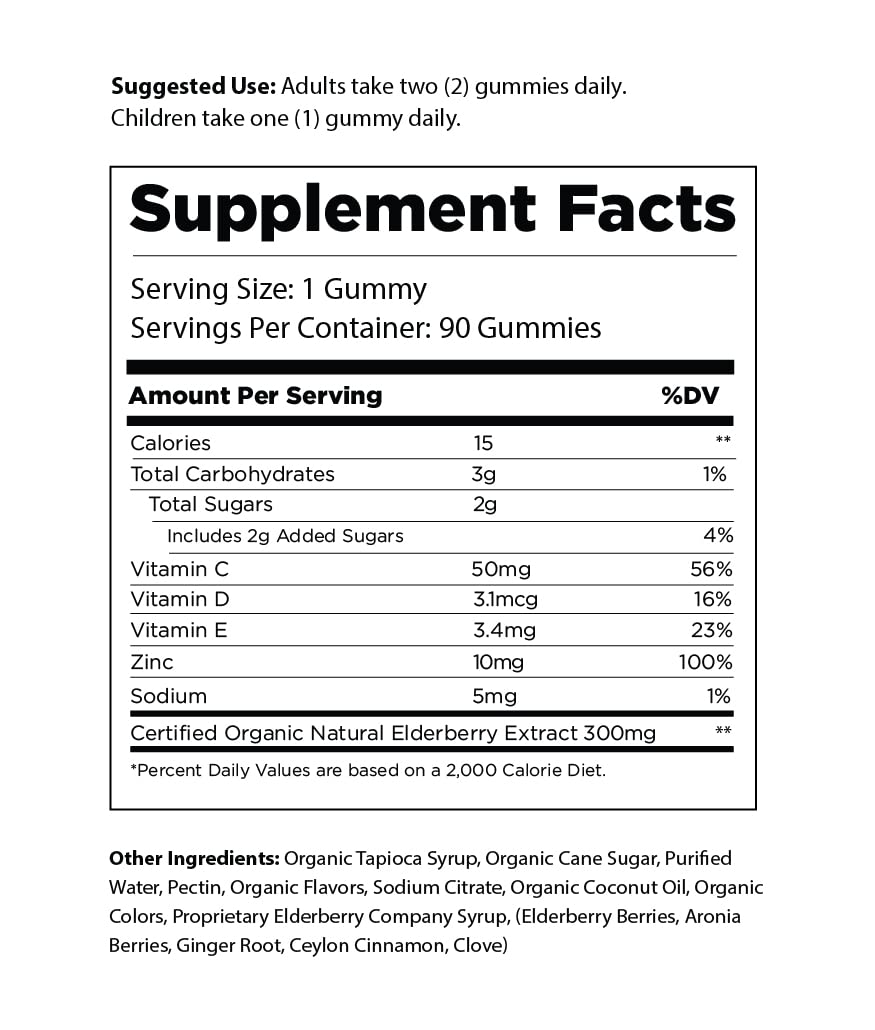 The Elderberry Co. Extra Strength Elderberry Gummies with Vitamins C, D,E and Zinc for All-Natural Immune Support, No Artificial Ingredients (90 Count)