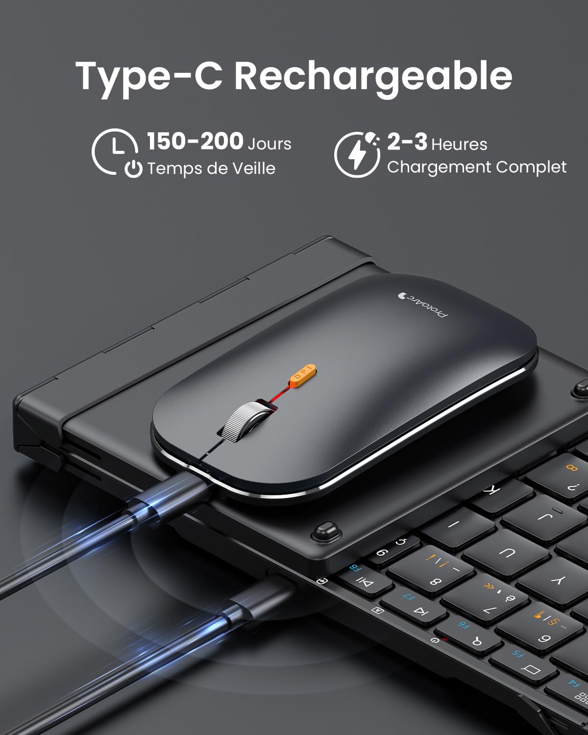 ProtoArc XKM01 Clavier Souris sans Fil Pliable, 2.4G+Dual Bluetooth | AZERTY, 105 Touches avec Pavé Numérique, Rechargeable, Etui Rigide et Support Inclus, pour iPad/Téléphone/Tablette