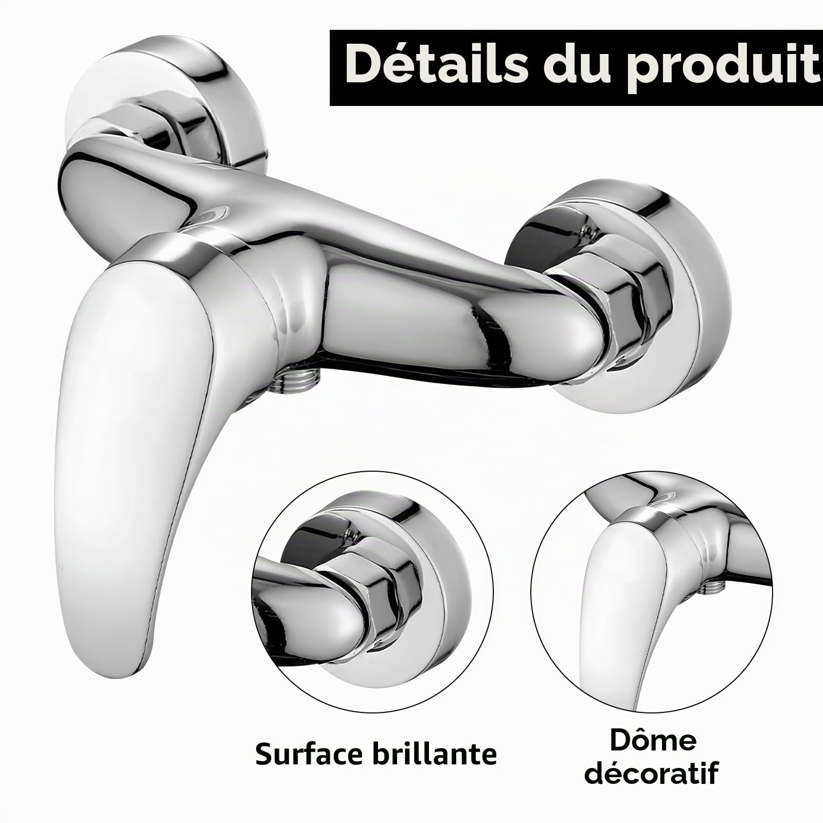 Robinet de douche : robinet de douche argenté salle de bain, mitigeur douche, montage mural, mitigeur de douche monocommande chromé avec buse G ½ pour montage mural