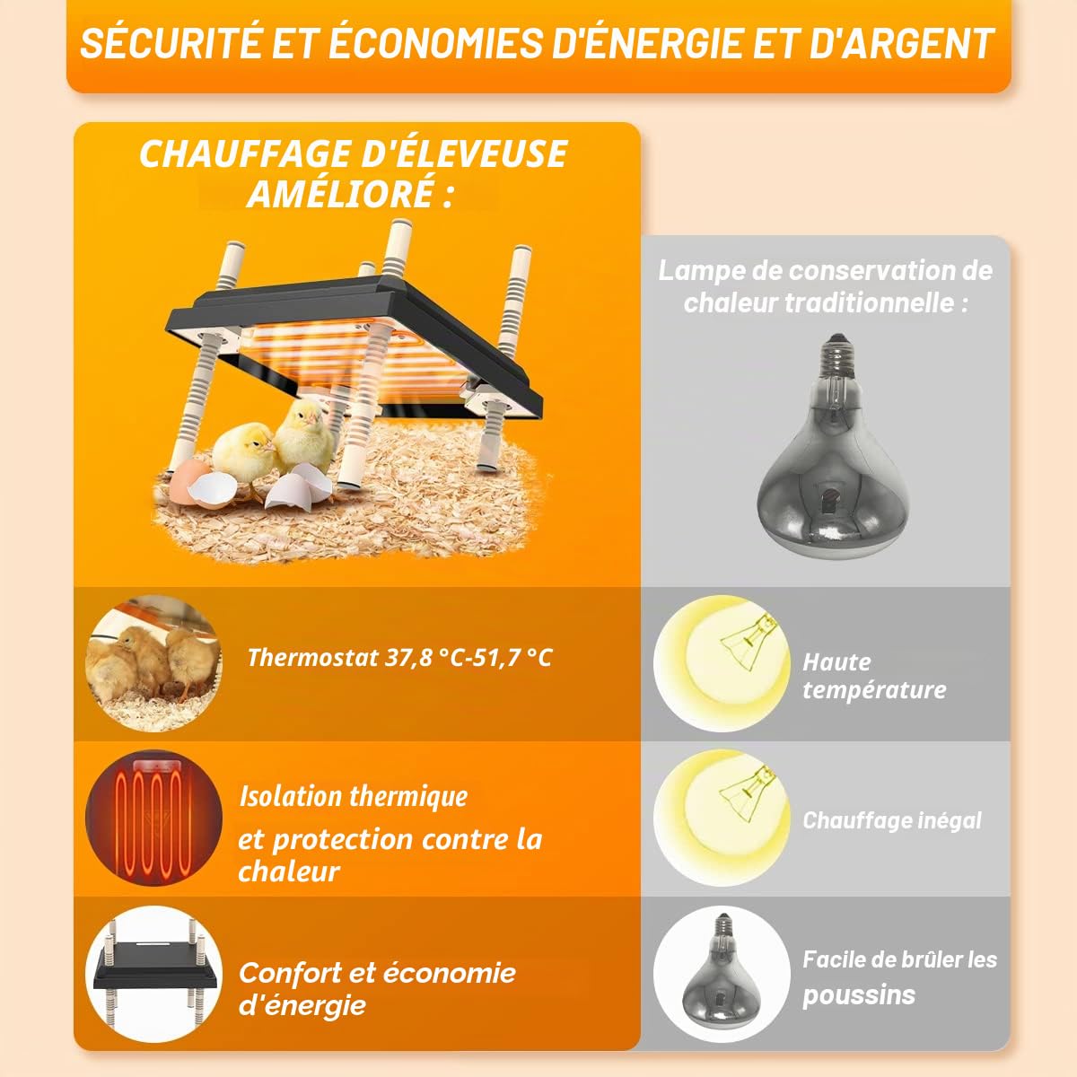 Plaque Chauffante pour Poussins, Lampe Chauffante pour Poussins avec Hauteur et Angle Réglables, Plaque Chauffante pour l'élevage de 15-20 Poussins, pour l'Élevage de Poussins, 25x25 cm
