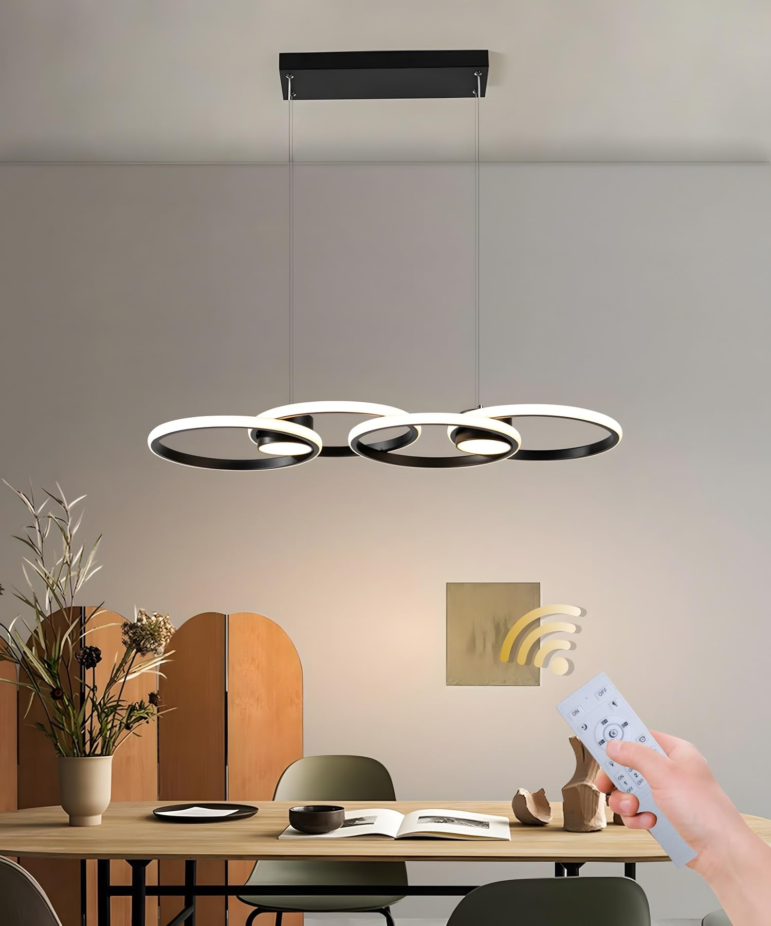 GaoHX Modern Chandeliers Rings Round LED Chandelier Fixtures Height Adjustable Kitchen Island Pendant Light, Dimmable Chandelier Ceiling Light for Dining Room Bedroom Living Room(Black,4 Ring)