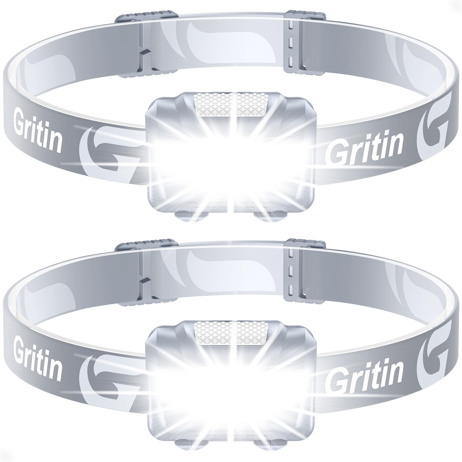 Gritin LED Head Torch, [2 Pack] Super Bright Headlamp Headlight with 3 Modes, Waterproof, Battery Powered LED Lightweight for Camping, Outdoors, Emergency [6 AAA Batteries Included]-Gray — image 1