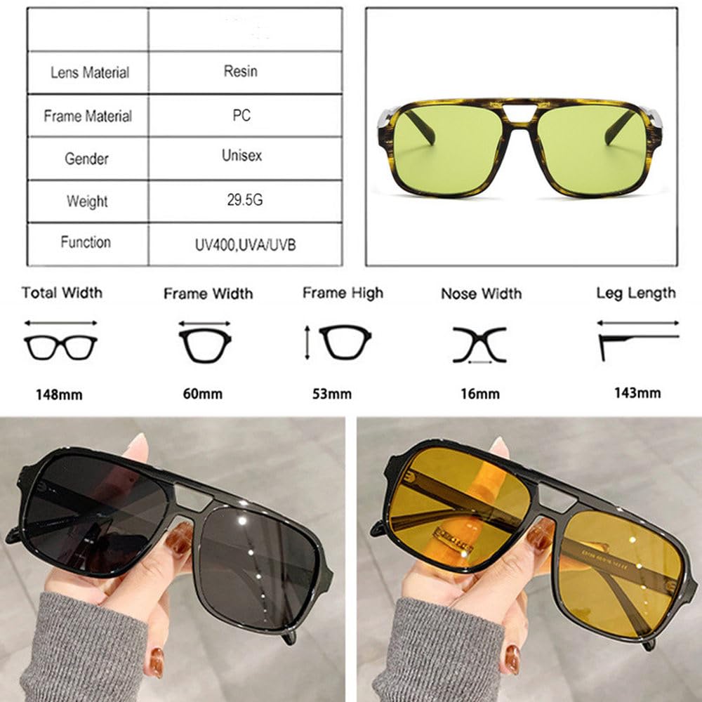 Okulary przeciwsłoneczne damskie Retro Double Bridges Square Luxury Fashion Yellow Green Shades UV400 Gradient