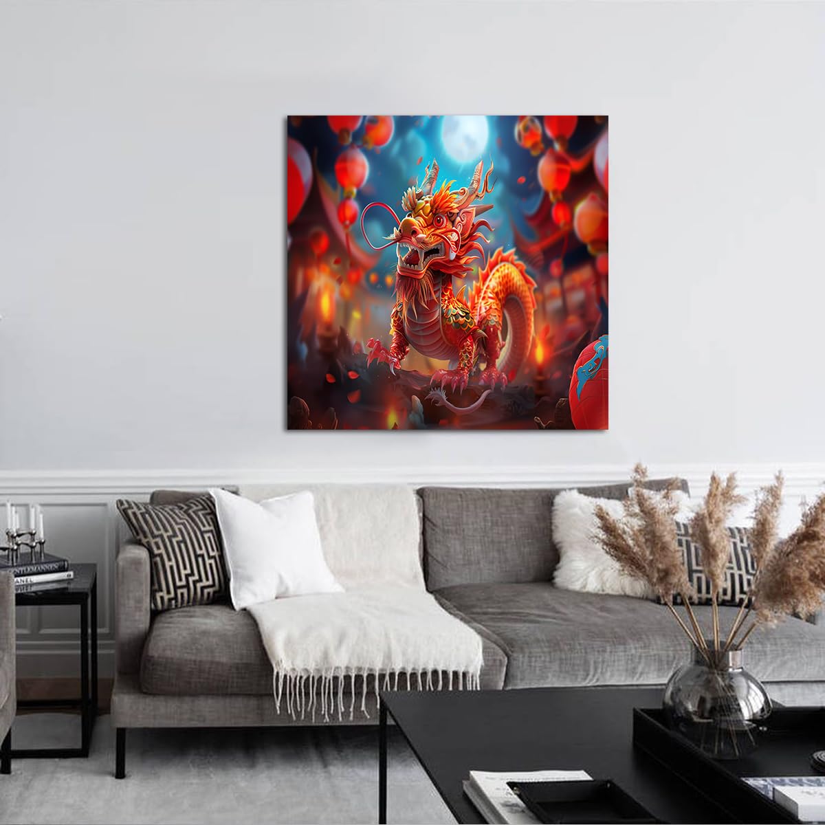 TOANGWALL Chiński smok sztuka ścienna obraz księżyca w pełni mityczne stworzenie oprawione pływające lampiony plakat do biura dekoracja sypialni 90x90cm