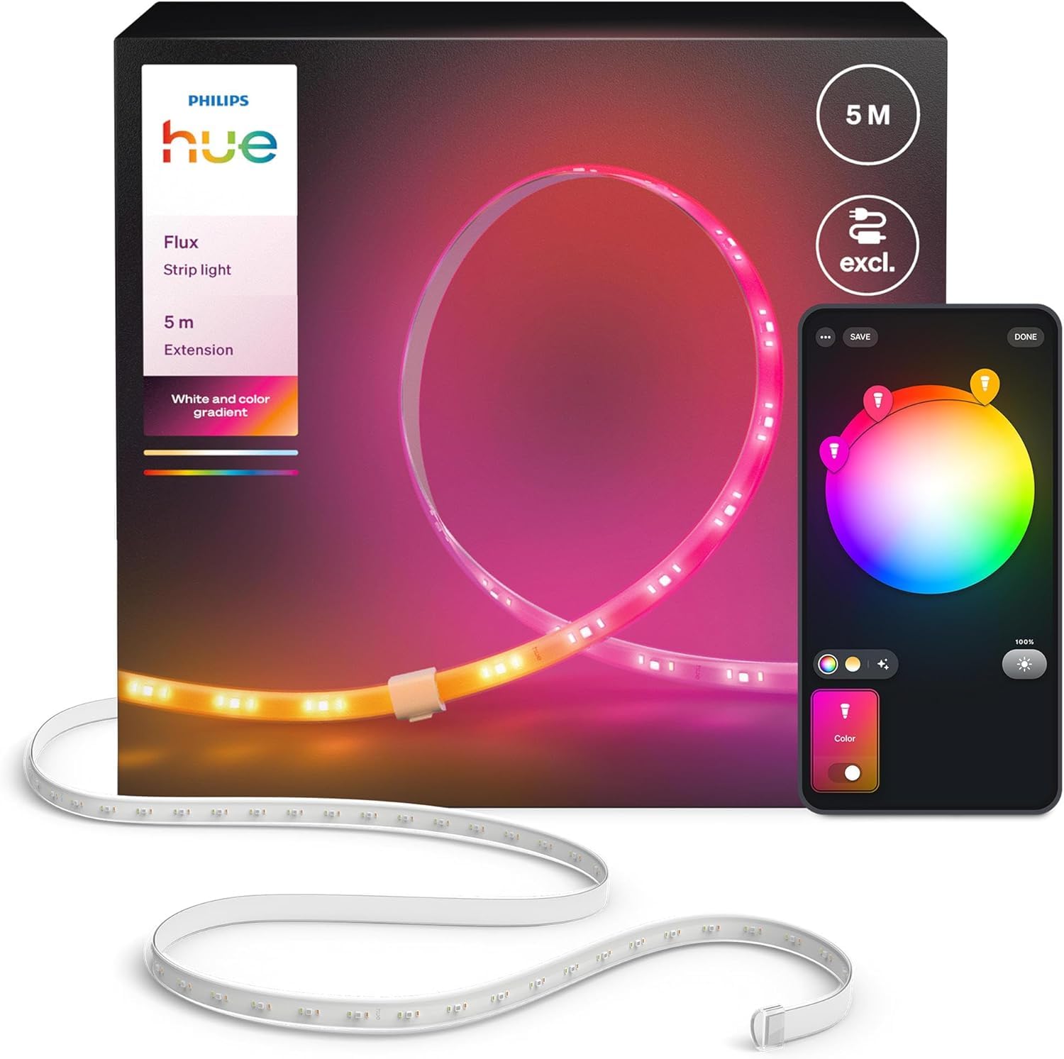 Philips Prolunga per Striscia LED Hue Flux, 5 m | Colori e atmosfera vivaci, Tecnologia Chromasync, Tagliabile, Estensibile, Smart Home, Controllo vocale via app, Per interni