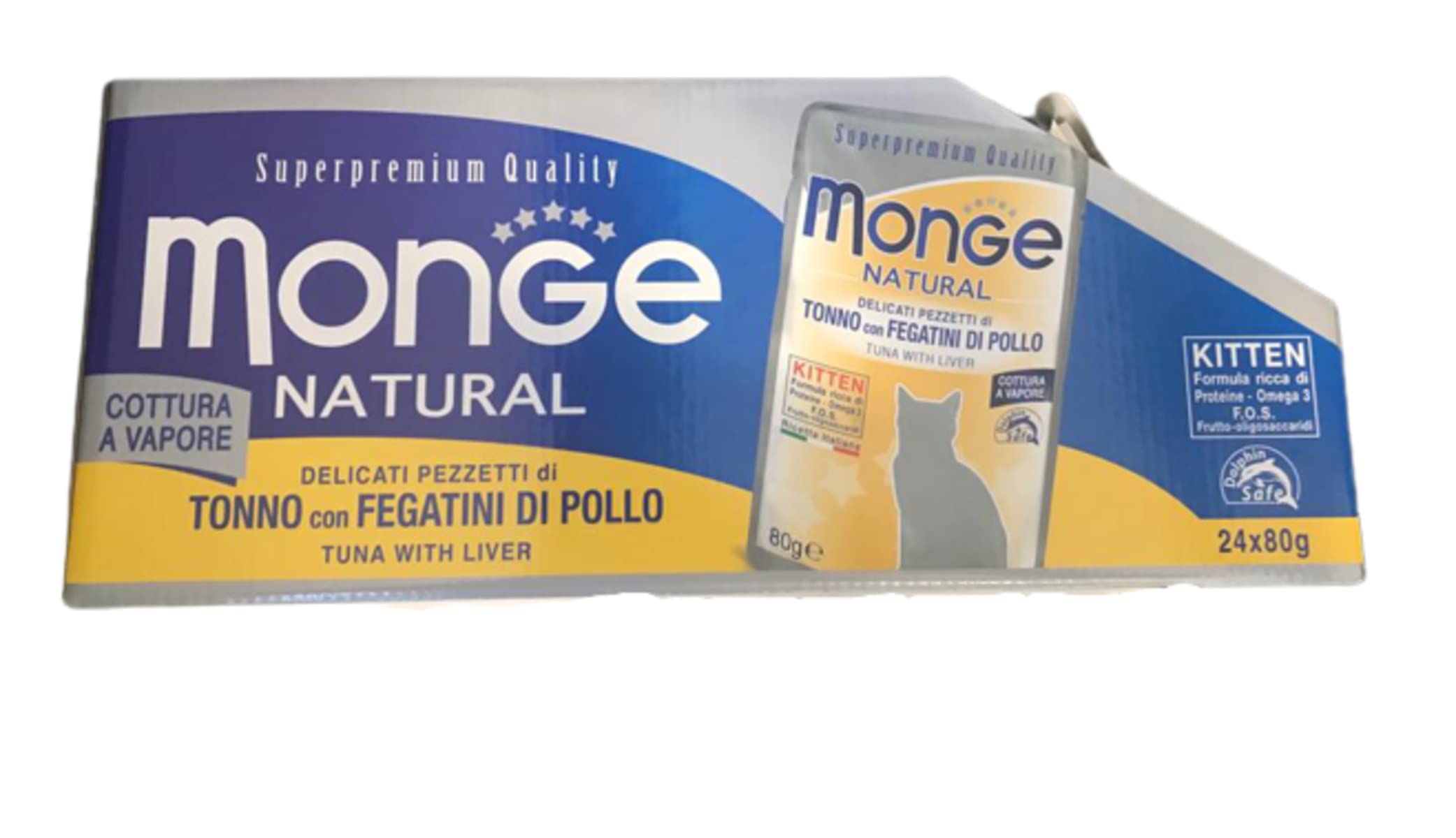 Monge Natural Supremium quality Mokre jedzenie dla dorosłych kotów smak Tuńczyk z Wątróbki z kurczaka gotowane na parze. Opakowanie 24 saszetek (1 saszetka = 80 gr.) Bez barwników i konserwantów