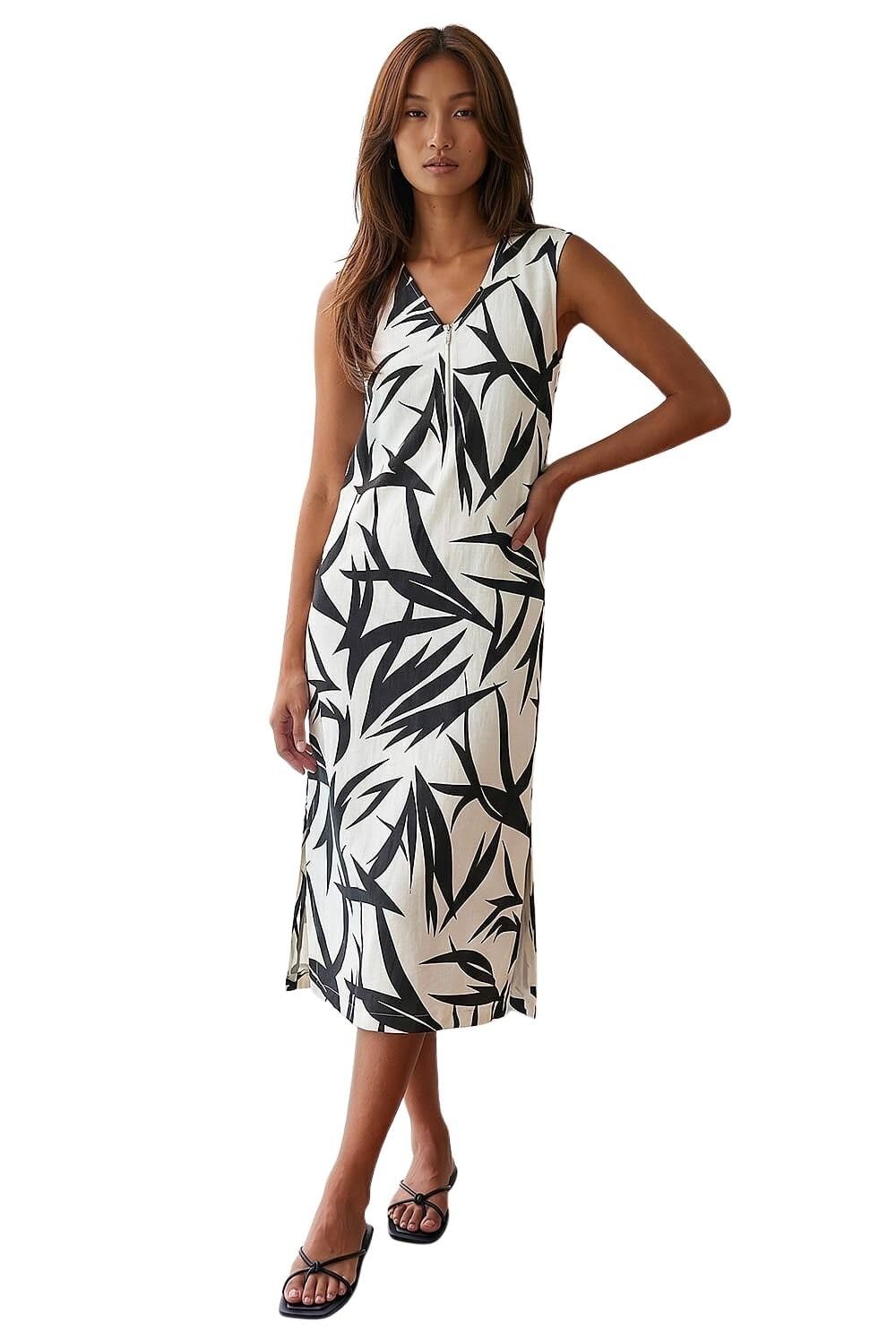 Roman Originals Wave Zip Front Midi Shift Dress for Women UK - Ladies Everyday Holiday Spring Summer V-Neckline Comfy Soft Evening Vacation Work Party - Black - Size 10