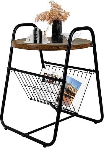 Babion Mesa auxiliar mesa auxiliar de madera con cesta de almacenamiento de alambre mesa de noche industrial mesa redonda moderna pequeña mesita de