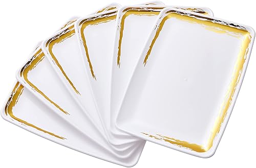 N9R Paquete de 6 bandejas de plástico blanco con borde dorado, platos rectangulares de 11 x 8 pulgadas, decoración de bandeja, bandeja de alimentos,