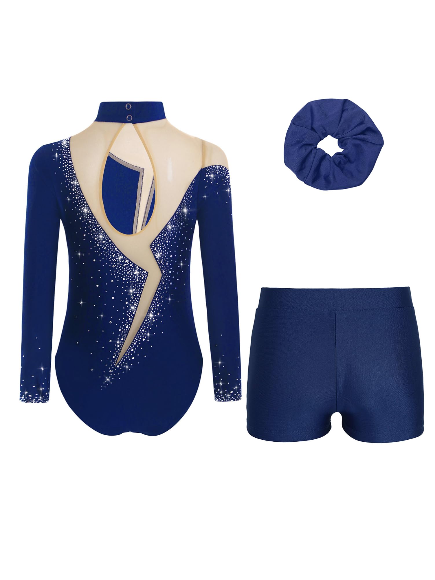 Alvivi Mädchen Turnanzug Glitzer Gymnastikanzug Langarm Gymnastik Leotard mit Kurze Hose Haarband Gymnastikbody Turntrikot Gymnastik Kleidung