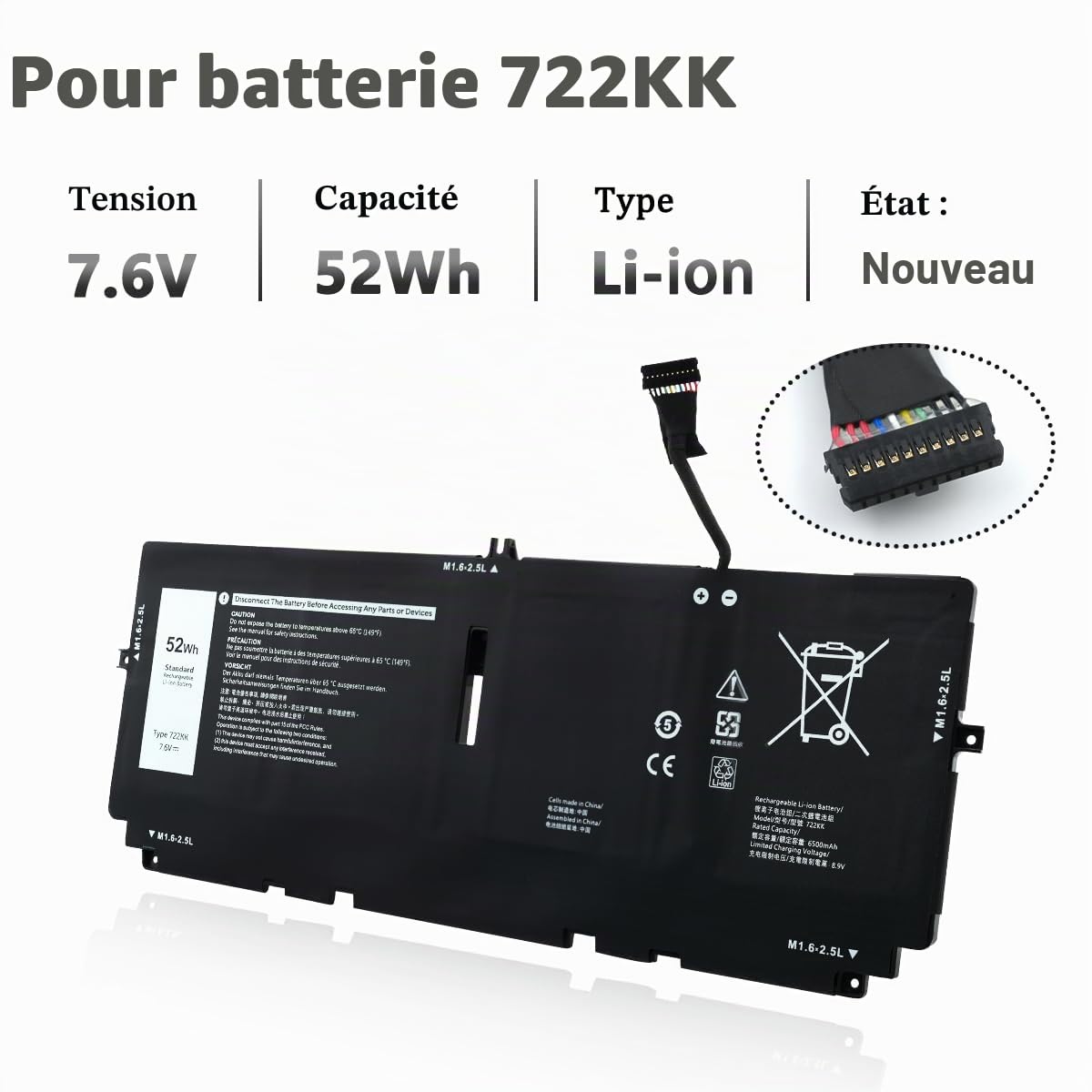 52Wh 722KK Laptop Batterie Para Dell XPS 13 9300(2020) XPS 13 9310(2020) XPS 13 9380(2020) P117G P117G002 P117G001 Série 0WN0N0 WN0N0 02XXFW 2XXFW FP86V 7.6V 6800mAh