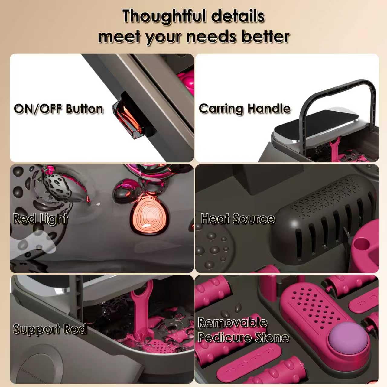 Bain de pieds pliable. Écran tactile, température et minuterie réglables, 6 rouleaux massants et fonction bouillonnante pour une détente complète