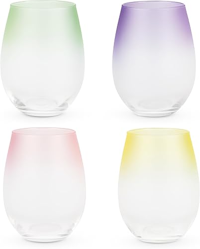 Blush Copas de vino esmeriladas sin tallo en rosa, morado, amarillo y verde, coloridas de 12 onzas, juego de 4
