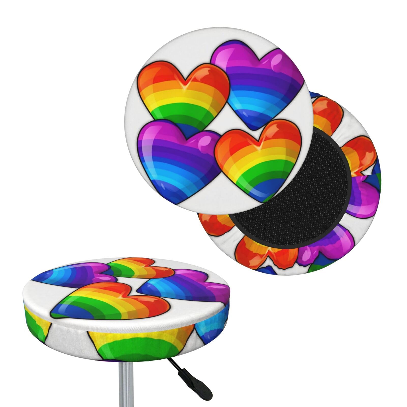 FekiLoot Rainbow Colored Gay Pride Hearts Round Bar Stool Covers Stretch Washable Bar Stool Covers Dustproof Slipcover Bar Chair Covers with Elastic Band for Bar Kitchen Living Room Decor 13 Inch