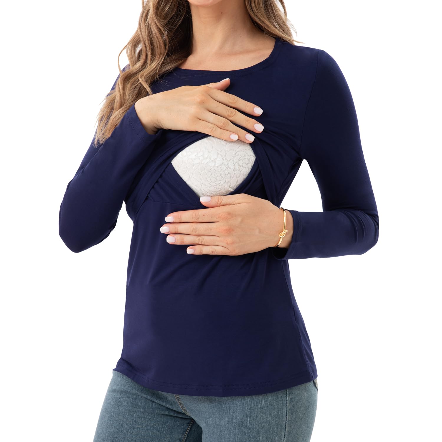 Bearsland Camicia da allattamento da donna, a maniche lunghe, girocollo, per allattamento