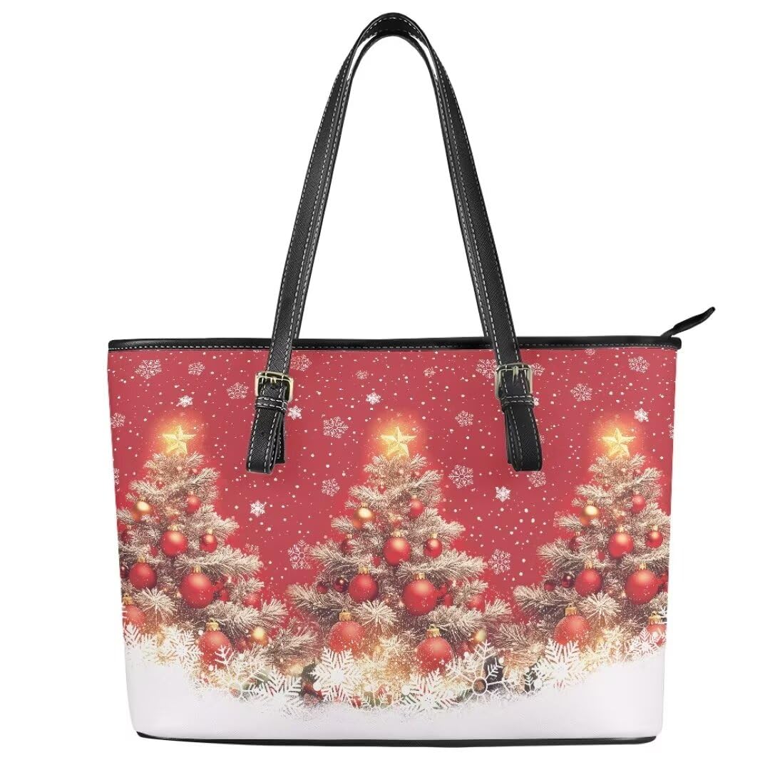 Coldinair Christmas Leather Tote Bag for Women with Zipper Large Shoulder Tote Bag Shopping Casual Travel Bag Handbag Purse