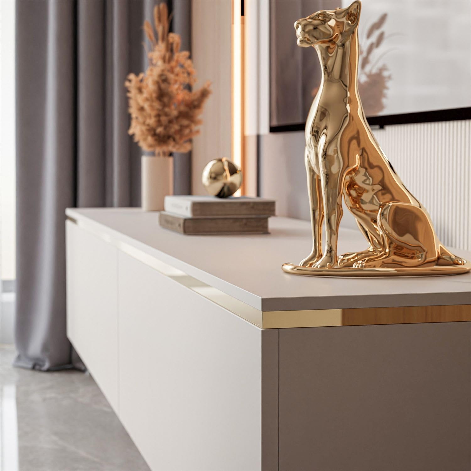 Lookway TV-Schrank Aurora Kaschmir Matt 180 cm Hängeschrank Oder Auf Füßen Gold Dekorative Leiste Mit LED-Option Modernes Wohnzimmermöbel (ohne LED Beleuchtung, Stehend- schräge Gold Chrom Beine)