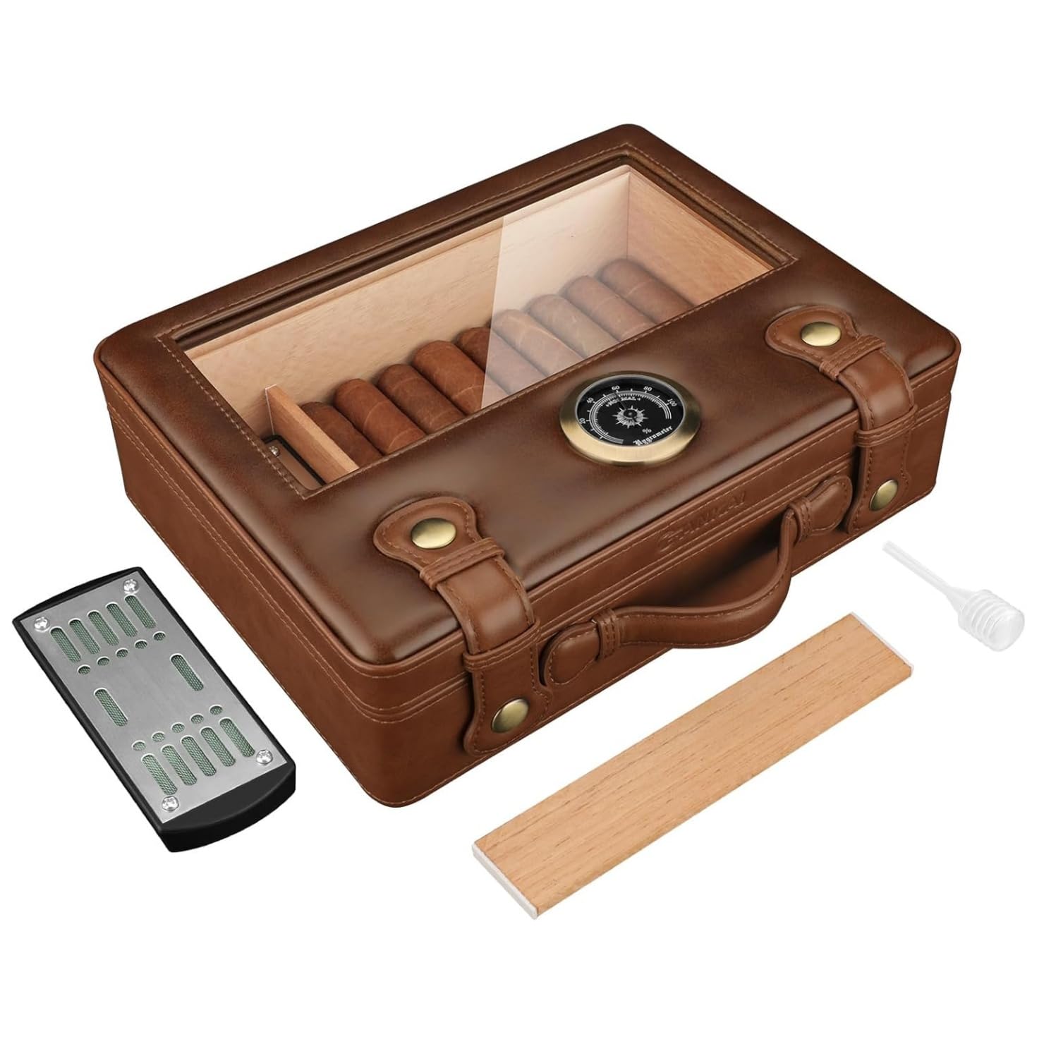 Scatola porta sigari per 30 sigari in pelle PU con coperchio vetro, umidificatore, igrometro, rivestimento cedro, regalo per marito, papà, festa del papà, Natale, compleanno,Marrone
