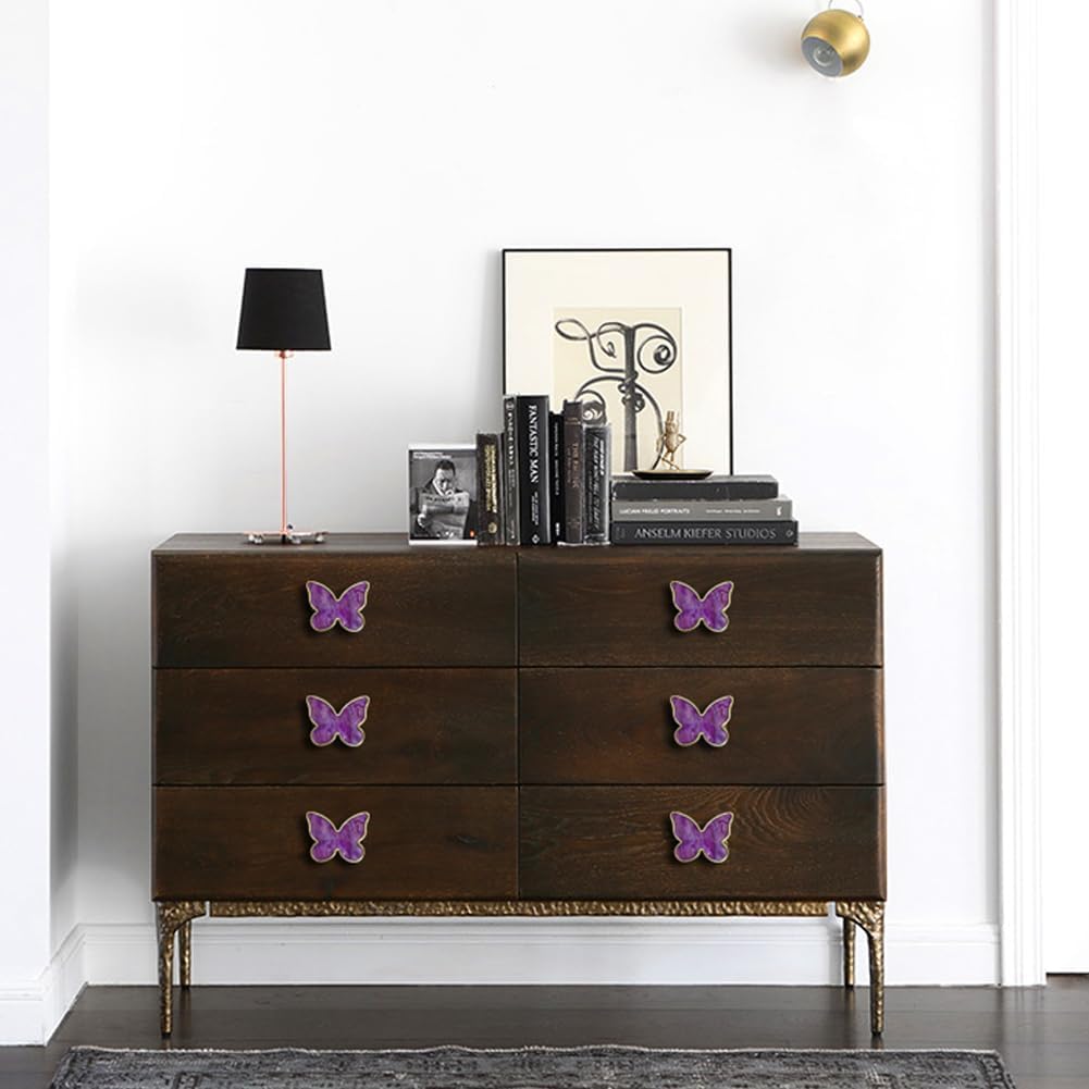 6 pcs Butterfly Cabinet Knobs Decorative Door Handle Single Hole Knobs for Kitchen Cupboard Dresser Drawer Wardrobe Bedside Table Bathroom Furniture Hardware (Purple)