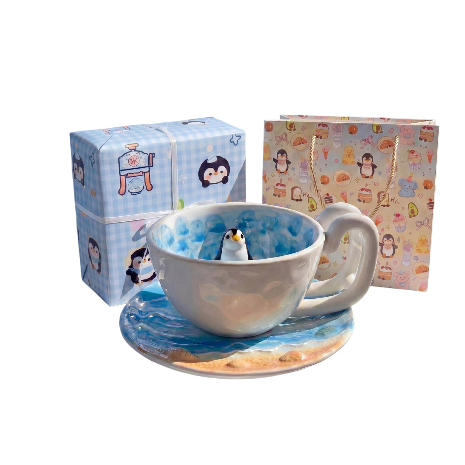 Pangboer B Home Desk Ceramic Mug Oxed Set With Saucer, Spoon And Seal Artwork For Coffee Tea Or Milk, Decorative Edside Cup Use Seal Ceramic Mug Oxed Cup Spoon Coffee Tea Milk Home Desk Edside Decorative Ox