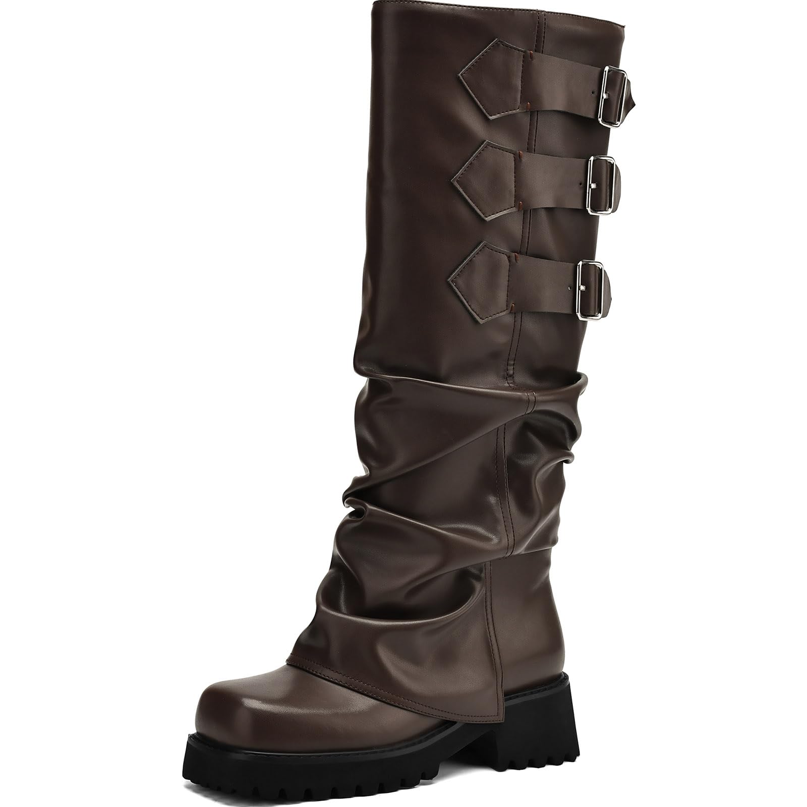 AIUNIIND Knee High Boots for Women Fold Over Boots Slouchy Square Toe Biker Boots Platform Riding Boots Gothic Moto Buckle Boots