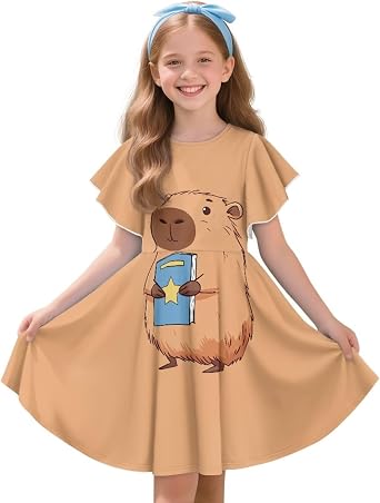 ZFRXIGN Animal Party Dresses for Girls 3-14 Years Ruffle Sleeves Dresses Cute Solid Color Sundress