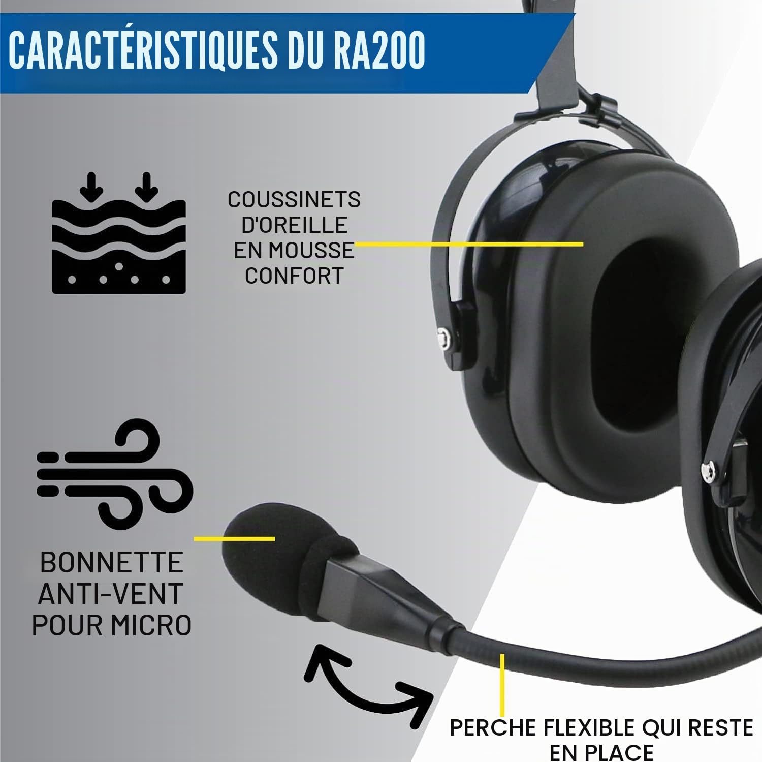 WINCASE Rugged Air RA200 Black General Aviation Pilot Headset by Rugged Air