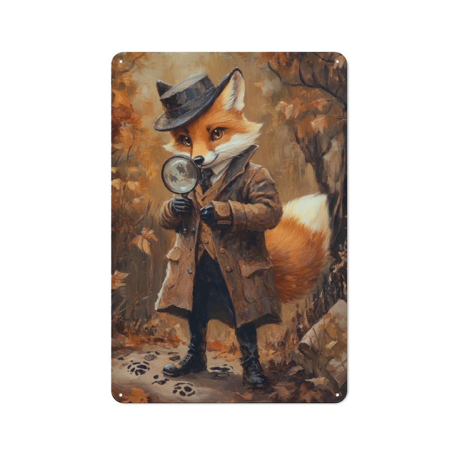 Junmoney Fox Detective Vintage Metal Wall Decor 30X20cm, Tin Wall Sign For Coffee Bar, Kitchen, Bistro Or Tea Corner