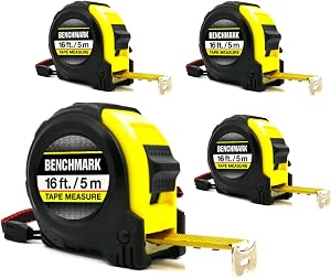 Benchmark - 4 Pack of Tape Measures - 16 ft (5 m) - Auto Rewind & Thumb Lock - Ensemble de 4 rubans à mesurer – 16 pi (5 m) – rétraction automatique, verrouillage au pouce - Pouces et en centimètres