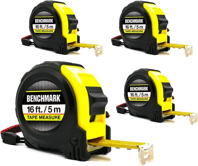 Benchmark - 4 Boîte de mesures de bande - 16 ft (5 m) - Remontage automatique & Verrouillage de l'image - Ensemble de 4 rubans à mesurer – 16 (en milliers de dollars)5 m) – rétractation automatique, verrouillage au pouce - Pouces et en centimètres