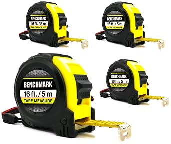 Benchmark - 4 Pack of 16ft Tape Measures - Retractable, Auto Lock, Metric and Imperial feet and Centimeters, Tough Outer Shell Protection
