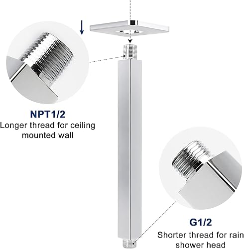 Miniatura 3 de NearMoon Brazo de ducha montado en el techo con brida, conexión universal 12 NPT brazo de ducha cuadrado recto para cabezal de ducha de lluvia fijo,