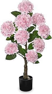 Hollyone 3FT Pink Hydrangea Artificial Flowers Tree Large Real Touch Faux Silk Hydrangea Plants Potted Fake Flower in Black Pot for Home Indoor Outdoor Front Porch Garden Entrance Living Room Decor