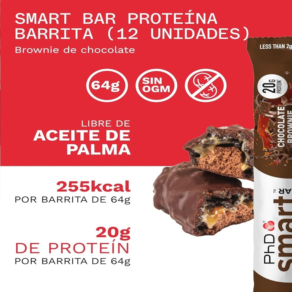 PhD Nutrition Smart Bar barritas de proteína 12x64g Brownie de chocolate - Snack proteico con 20g de proteína y bajo en azúcar para una buena macronutrición