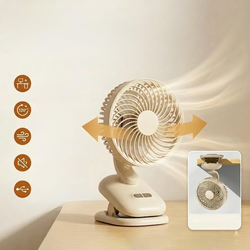 Tragbarer Ventilator zum Anklippen, wiederaufladbarer, oszillierender Schreibtisch-Kinderwagen-Ventilator mit 120 ° automatischer Schwenkung, 4 Geschwindigkeiten, USB-C-Ladung, leiser ABS-Zirkulator